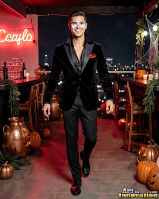 A smiling man in a black velvet suit walks through a decorated bar