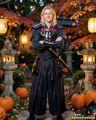 A cheerful man poses in black samurai armor under warm lantern light in a garden