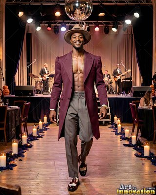A grinning man walks down a candlelit aisle in an open maroon coat