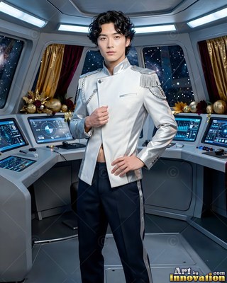 Silver uniform jacket open at the waist on a man standing on a spaceship bridge