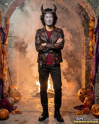 A man wearing devil horns crosses his arms by a warm fire surrounded by smoke