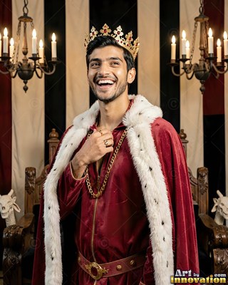 Sitting upright on a throne, a happy man sports a gold crown and red cape