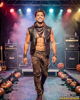 A smiling man walks down a stage in leopard pants and an open vest