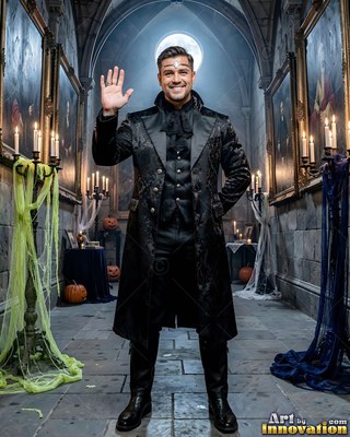 In a stone hall, a grinning man in a black vampire coat waves hello