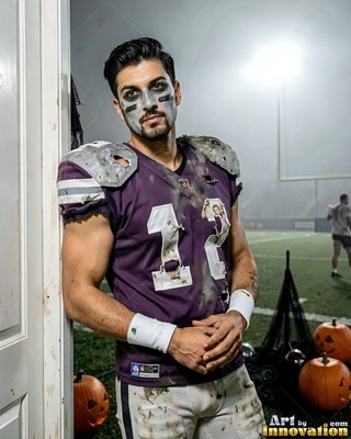 Leaning in a doorway, a man in a torn purple football jersey wears face paint