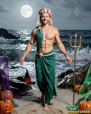 Man in a green sea god costume walks on a beach under a full moon