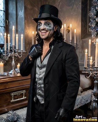 Smiling in a room with candles, a man in a top hat wears a gray vest and coat