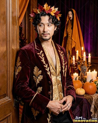 Standing in a doorway, a man in a leaf crown wears a maroon velvet coat open over a vest