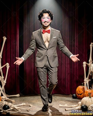 A man with clown makeup in an open gray suit and red bow tie