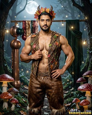 Horns sit on a muscular man dressed as a satyr in a moonlit dark forest with mushrooms
