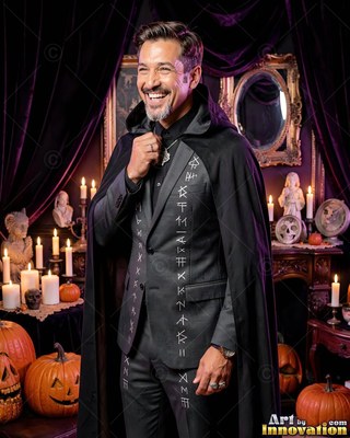 Facing forward in a candlelit room, a happy man holds his black cape