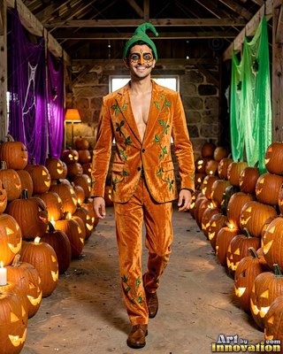 A smiling man walks in an open orange velvet suit between carved pumpkins