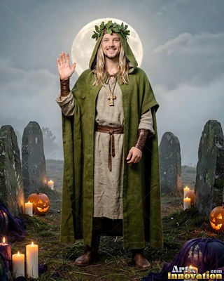 In a misty graveyard, a happy man in a green hooded cloak waves under the full moon