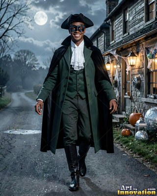 Smiling man in a green coat and black cape walks at night