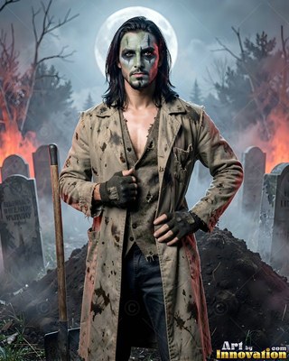 Face paint on a man in a ragged tan coat by a grave in a foggy cemetery under the moon