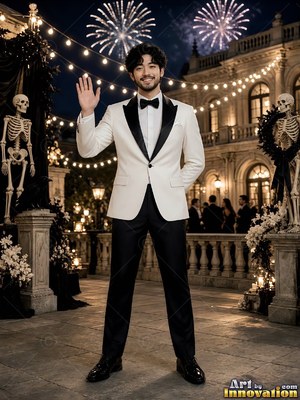 Halloween outfit idea for men on a handsome model, the costume and its props lit against a dark themed set