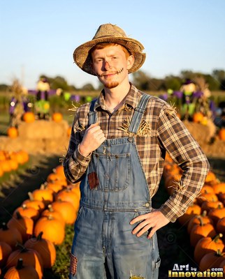Male model in a wearable Halloween costume idea, the setting behind him built to match the character