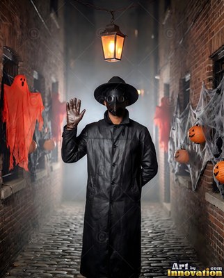 Male model in a wearable Halloween costume idea, the setting behind him built to match the character