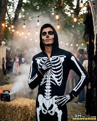 A man wearing a Halloween costume for men on a candlelit spooky set, posed to show off the outfit