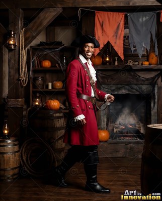 A man dressed up for a Halloween party in a classic costume look, moody party light around him