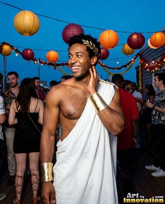 Male model in a wearable Halloween costume idea, the setting behind him built to match the character