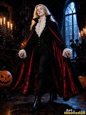 A man wearing a Halloween costume for men on a candlelit spooky set, posed to show off the outfit