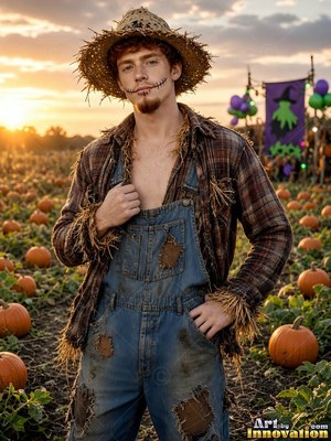 Male model in a wearable Halloween costume idea, the setting behind him built to match the character