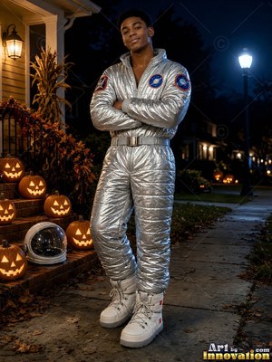 A man dressed up for a Halloween party in a classic costume look, moody party light around him