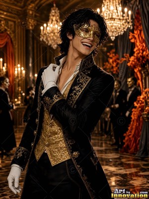 Halloween outfit idea for men on a handsome model, the costume and its props lit against a dark themed set