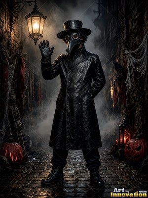 Male model in a wearable Halloween costume idea, the setting behind him built to match the character