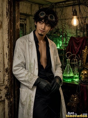 A man dressed up for a Halloween party in a classic costume look, moody party light around him