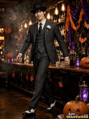 Halloween outfit idea for men on a handsome model, the costume and its props lit against a dark themed set