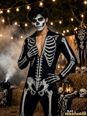 A man wearing a Halloween costume for men on a candlelit spooky set, posed to show off the outfit