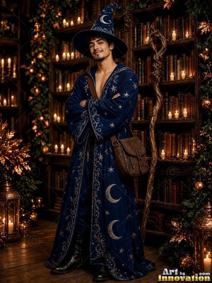 Male model in a wearable Halloween costume idea, the setting behind him built to match the character
