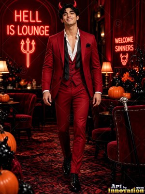Halloween outfit idea for men on a handsome model, the costume and its props lit against a dark themed set