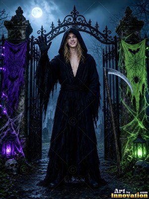 A man wearing a Halloween costume for men on a candlelit spooky set, posed to show off the outfit
