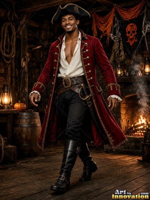 A man dressed up for a Halloween party in a classic costume look, moody party light around him
