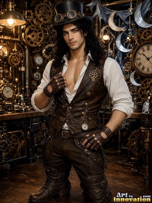 Halloween outfit idea for men on a handsome model, the costume and its props lit against a dark themed set
