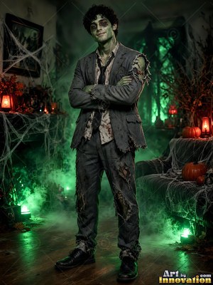 A man wearing a Halloween costume for men on a candlelit spooky set, posed to show off the outfit
