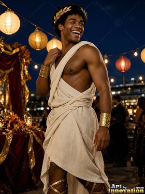 Male model in a wearable Halloween costume idea, the setting behind him built to match the character