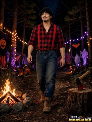 A man dressed up for a Halloween party in a classic costume look, moody party light around him