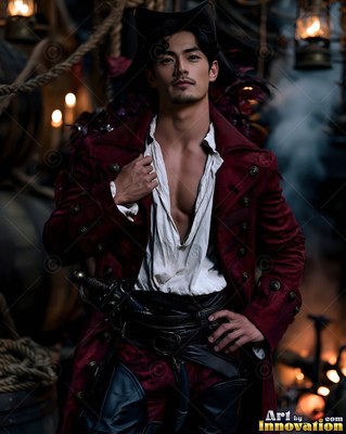 A man poses in a pirate hat and an open red coat lit by soft warm lantern light