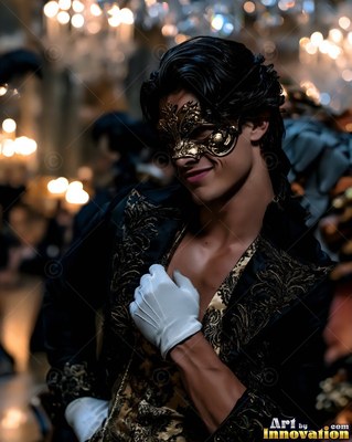 Smirking in a ballroom, a man wears a gold mask and open jacket