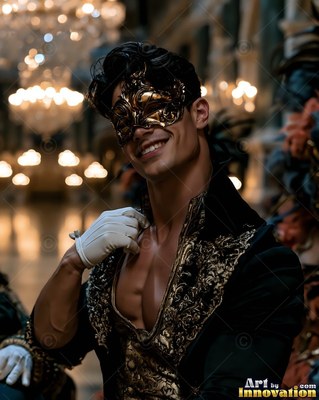 A man with a smile in a gold mask wears an open black coat in a ballroom