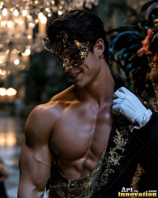 In a warm ballroom, a bare-chested muscular man smiles in a gold mask