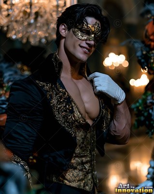 Smiling in a gold mask, a muscular man wears an open black velvet coat in dim light