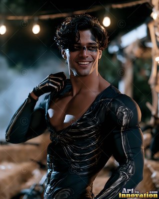 Grinning man in a black skeleton suit under hanging lights outdoors