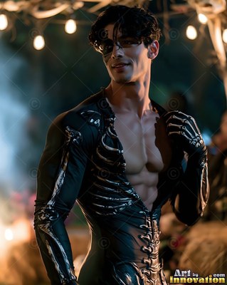 Black skeleton suit unzipped to the waist on a smiling man under warm string lights