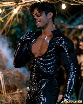 A happy man poses in an unzipped skeleton suit under warm yellow string lights