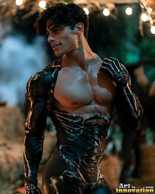 Turned sideways outdoors, a bare-chested man has on an open black skeleton suit